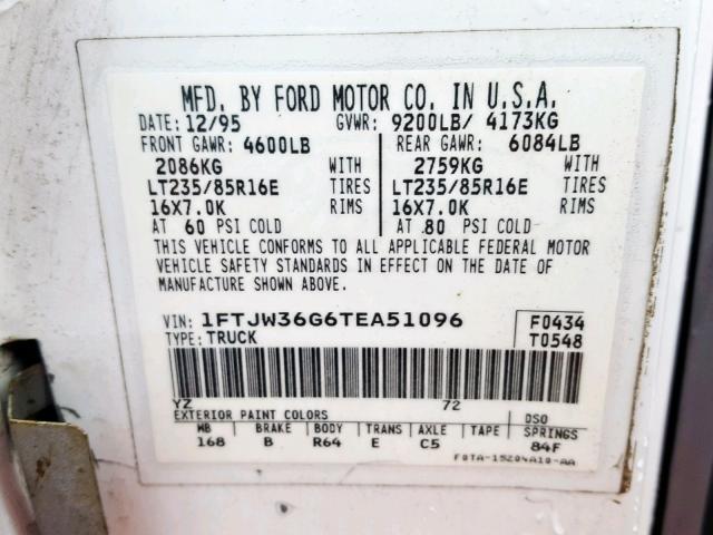 1FTJW36G6TEA51096 - 1996 FORD F350 WHITE photo 10