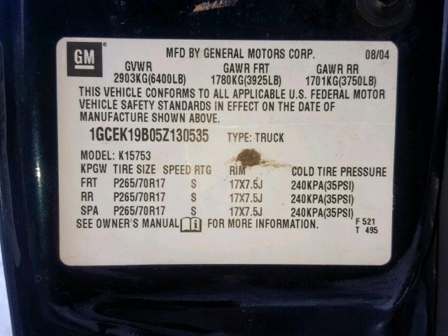 1GCEK19B05Z130535 - 2005 CHEVROLET SILVERADO BLUE photo 10