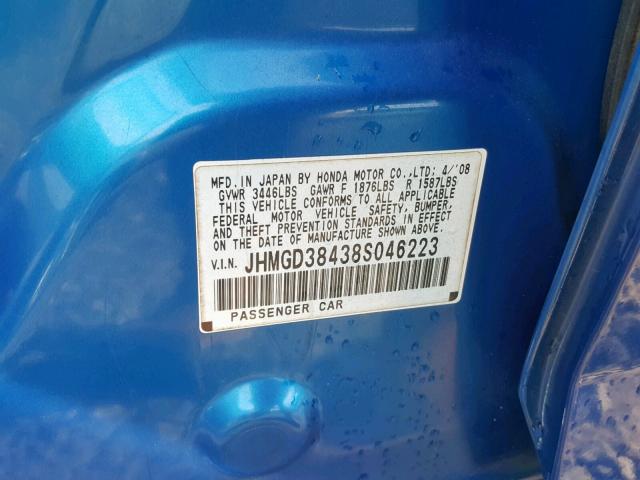 JHMGD38438S046223 - 2008 HONDA FIT BLUE photo 10