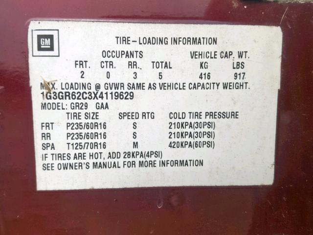 1G3GR62C3X4119629 - 1999 OLDSMOBILE AURORA BURGUNDY photo 10