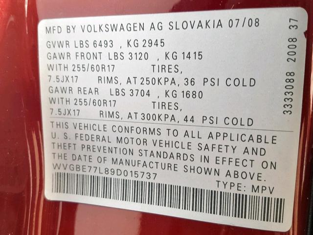 WVGBE77L89D015737 - 2009 VOLKSWAGEN TOUAREG 2 RED photo 10