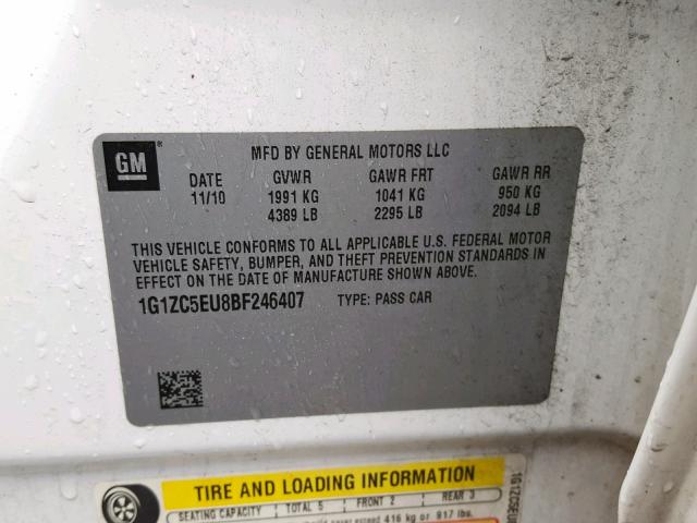 1G1ZC5EU8BF246407 - 2011 CHEVROLET MALIBU 1LT 白色 照片 10