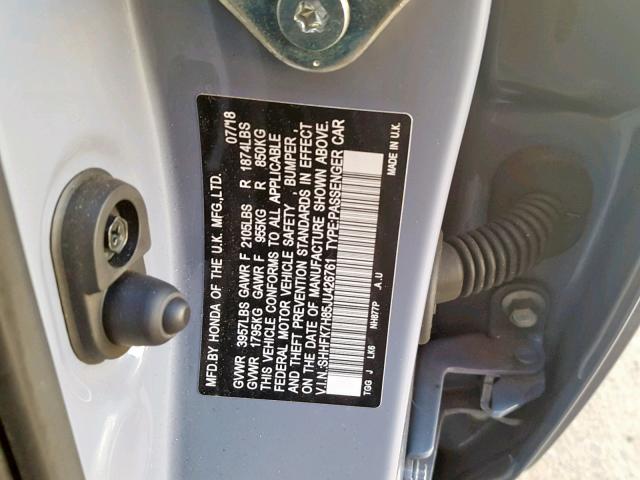 SHHFK7H85JU426761 - 2018 HONDA CIVIC EXL GRAY photo 10