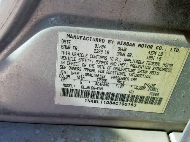 1N4BL11D84C190163 - 2004 NISSAN ALTIMA SE SILVER photo 10