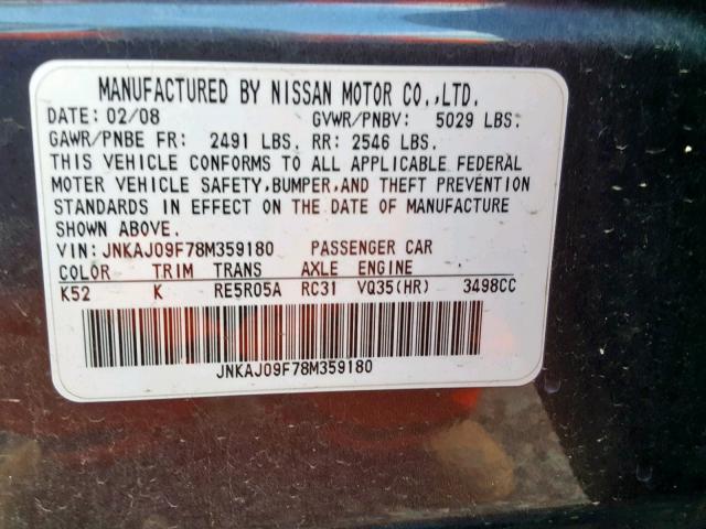 JNKAJ09F78M359180 - 2008 INFINITI EX35 BASE BLUE photo 10