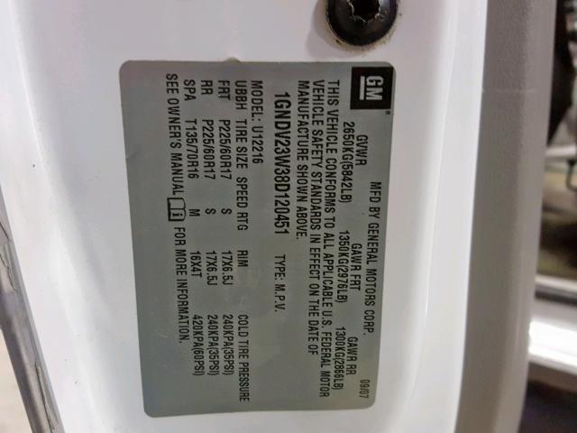 1GNDV23W38D120451 - 2008 CHEVROLET UPLANDER L Ağ foto 10