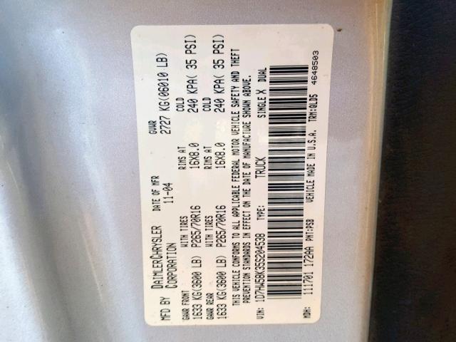 1D7HW58K35S204538 - 2005 DODGE DAKOTA QUA GRAY photo 10