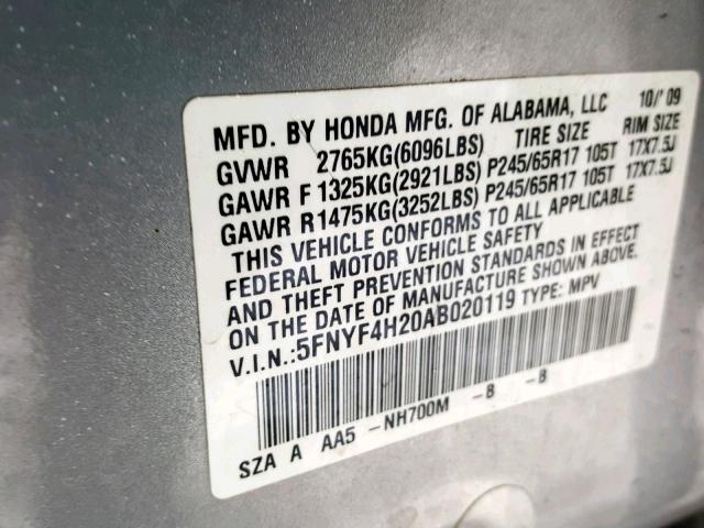 5FNYF4H20AB020119 - 2010 HONDA PILOT LX SILVER photo 10