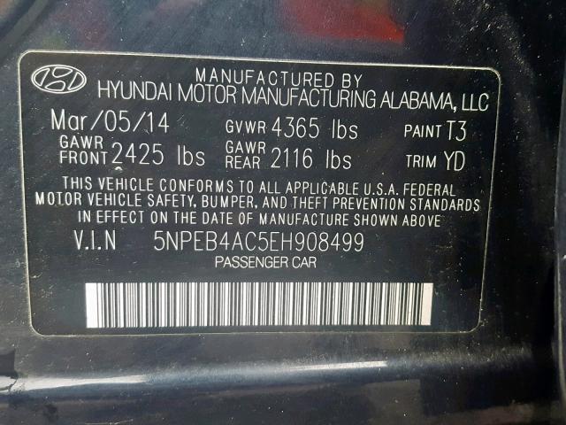 5NPEB4AC5EH908499 - 2014 HYUNDAI SONATA GLS BLUE photo 10