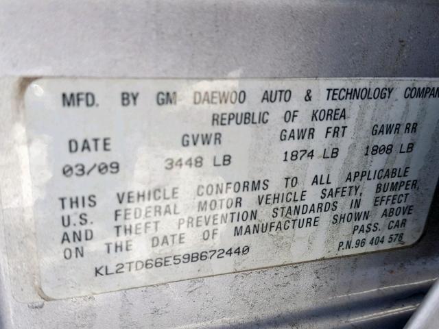 KL2TD66E59B672440 - 2009 PONTIAC G3 SILVER photo 10