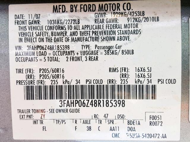 3FAHP06Z48R185398 - 2008 FORD FUSION S GRAY photo 10