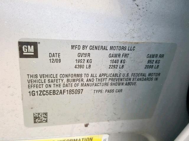 1G1ZC5EB2AF185097 - 2010 CHEVROLET MALIBU 1LT SILVER photo 10