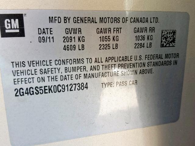 2G4GS5EK0C9127384 - 2012 BUICK REGAL PREM GOLD photo 10