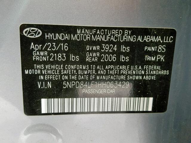 5NPD84LF1HH063429 - 2017 HYUNDAI ELANTRA GRAY photo 10