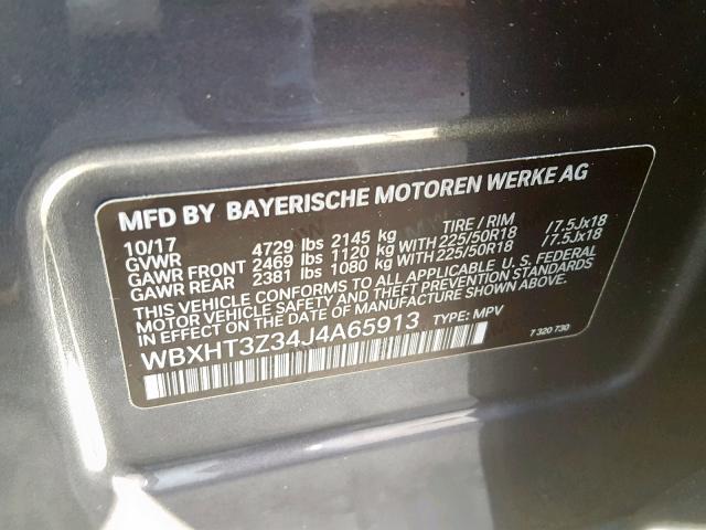 WBXHT3Z34J4A65913 - 2018 BMW X1 XDRIVE2 GRAY photo 10