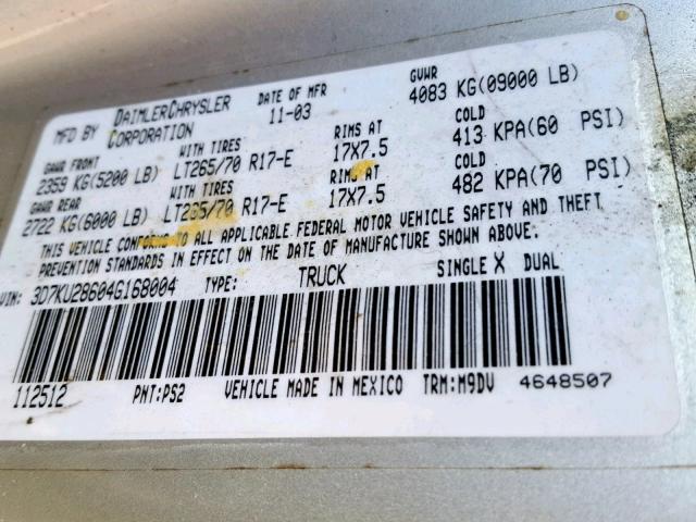 3D7KU28604G168004 - 2004 DODGE RAM 2500 S Արծաթագույն լուսանկար 10