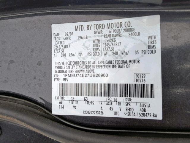 1FMEU74E27UB26903 - 2007 FORD EXPLORER E BLUE photo 10