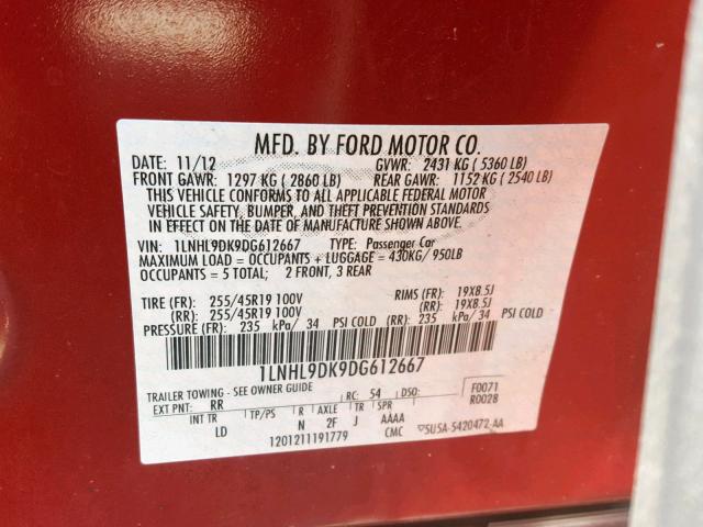 1LNHL9DK9DG612667 - 2013 LINCOLN MKS RED photo 10