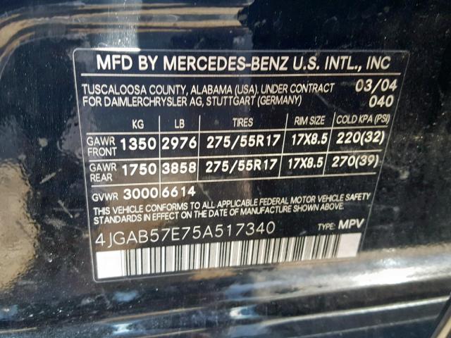 4JGAB57E75A517340 - 2005 MERCEDES-BENZ ML 350 BLACK photo 10