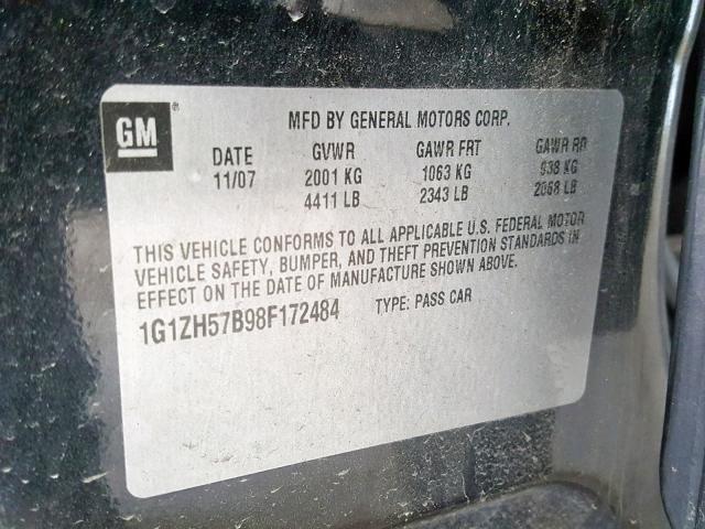 1G1ZH57B98F172484 - 2008 CHEVROLET MALIBU 1LT შავი ფოტო 10