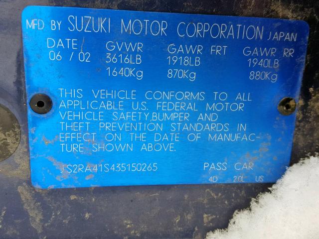 JS2RA41S435150265 - 2003 SUZUKI AERIO S BLUE photo 10