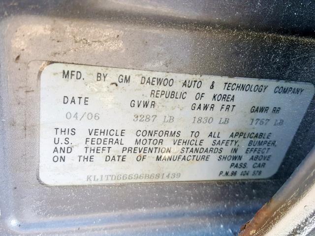 KL1TD66696B681439 - 2006 CHEVROLET AVEO BASE ნაცრისფერი ფოტო 10