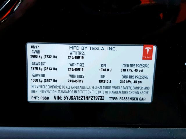 5YJSA1E21HF219732 - 2017 TESLA MODEL S BLACK photo 10