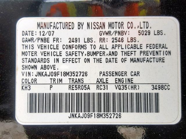 JNKAJ09F18M352726 - 2008 INFINITI EX35 BASE CHARCOAL photo 10
