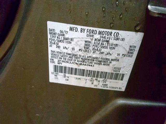 2FMDK3JC9DBA63443 - 2013 FORD EDGE SEL GRAY photo 10