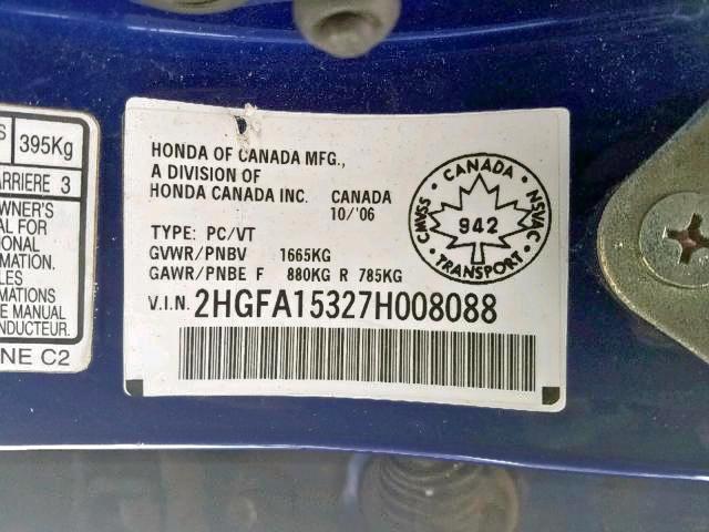 2HGFA15327H008088 - 2007 HONDA CIVIC DX BLUE photo 9