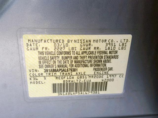 3N1AB6AP5AL679381 - 2010 NISSAN SENTRA 2.0 GRAY photo 10