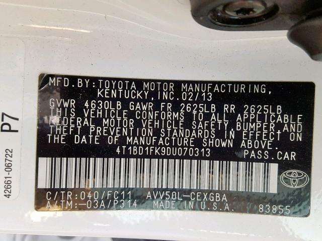 4T1BD1FK9DU070313 - 2013 TOYOTA CAMRY HYBR WHITE photo 10