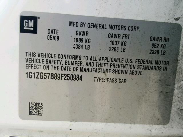 1G1ZG57B89F250984 - 2009 CHEVROLET MALIBU LS WHITE photo 10