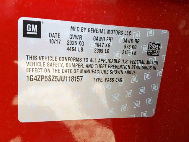 1G4ZP5SZ5JU118157 - 2018 BUICK LACROSSE E 勃艮第红 照片 10