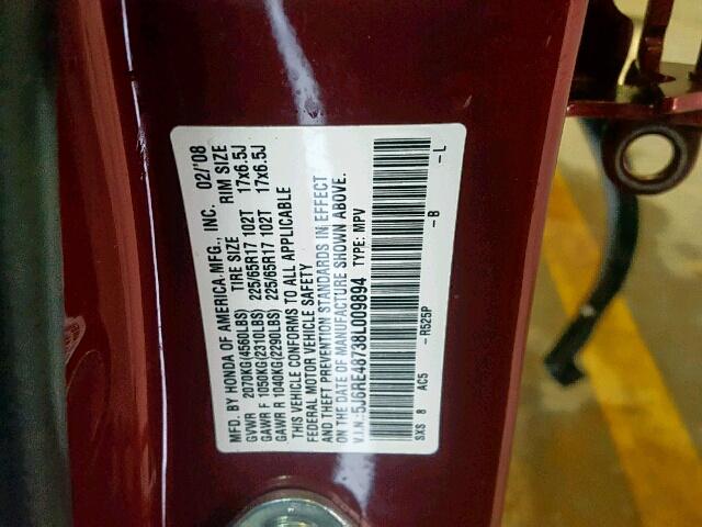 5J6RE48738L009894 - 2008 HONDA CR-V EXL RED photo 10