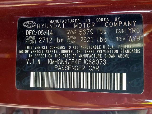 KMHGN4JE4FU068073 - 2015 HYUNDAI GENESIS 3. RED photo 10