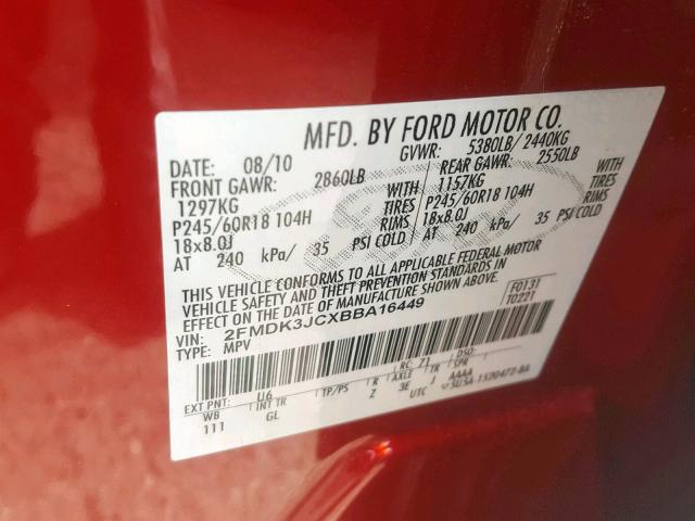 2FMDK3JCXBBA16449 - 2011 FORD EDGE SEL RED photo 10