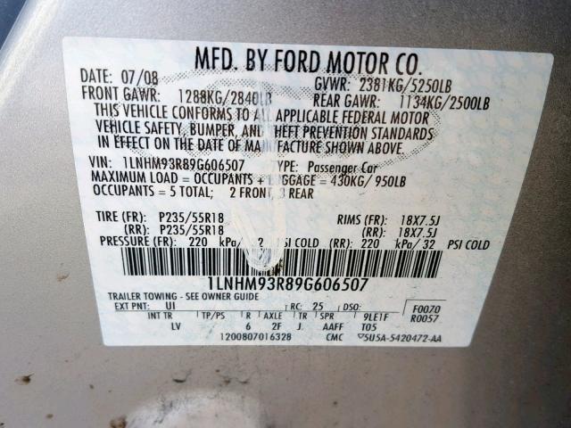 1LNHM93R89G606507 - 2009 LINCOLN MKS SILVER photo 10