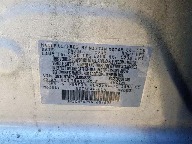 3N1CN7AP4GL884835 - 2016 NISSAN VERSA S SILVER photo 10