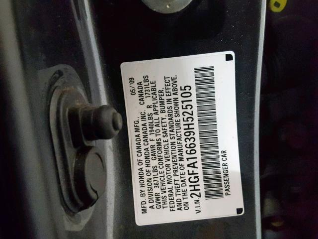 2HGFA16639H525105 - 2009 HONDA CIVIC LX-S Boz foto 10