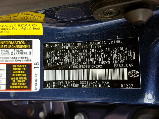 4T1BK1EB2EU134202 - 2014 TOYOTA AVALON BAS BLUE photo 10