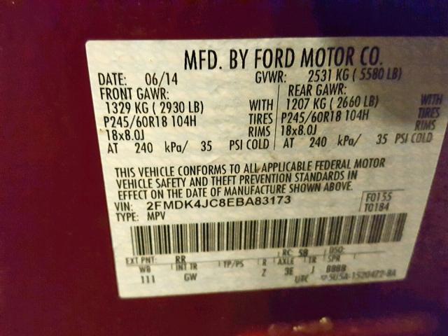 2FMDK4JC8EBA83173 - 2014 FORD EDGE SEL RED photo 10