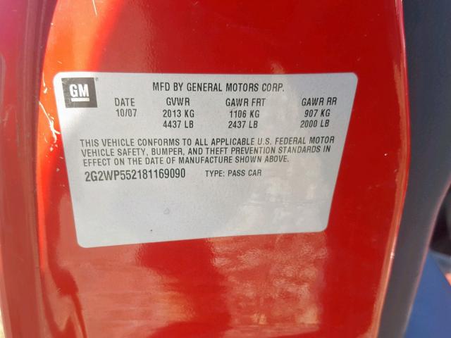 2G2WP552181169090 - 2008 PONTIAC GRAND PRIX RED photo 10