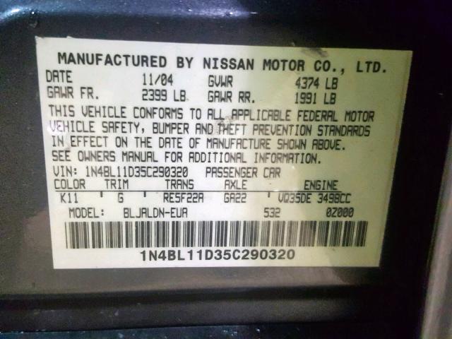 1N4BL11D35C290320 - 2005 NISSAN ALTIMA SE GRAY photo 10