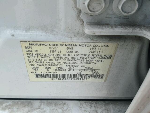 1N4BL21E87N493502 - 2007 NISSAN ALTIMA 3.5 WHITE photo 10