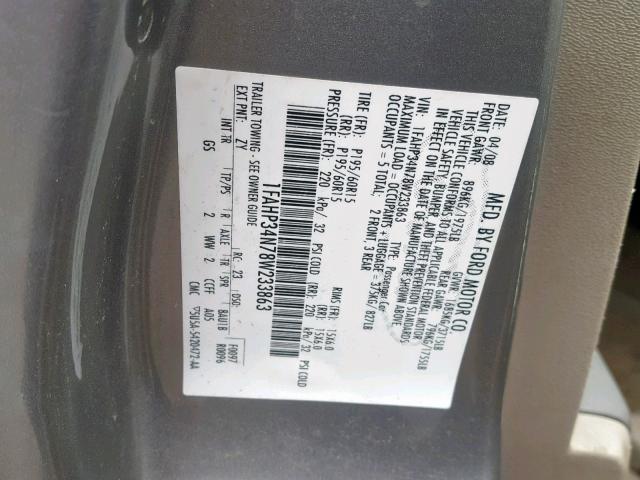 1FAHP34N78W233863 - 2008 FORD FOCUS S/SE GRAY photo 10