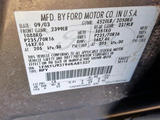 1FMYU93194KA81537 - 2004 FORD ESCAPE XLT GRAY photo 10