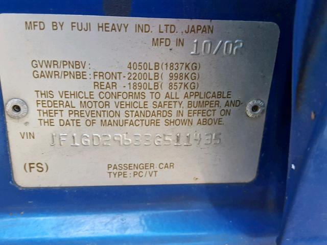 JF1GD29633G511435 - 2003 SUBARU IMPREZA WR BLUE photo 10