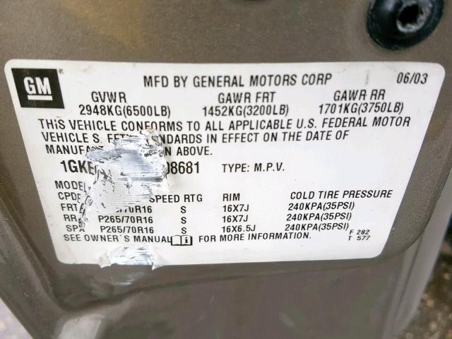 1GKEC13V13R308681 - 2003 GMC YUKON GRAY photo 10