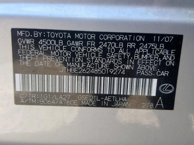 JTHBE262485019274 - 2008 LEXUS IS 350 SILVER photo 10